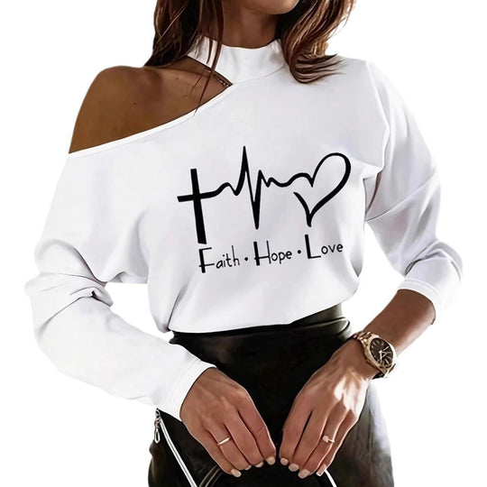 Damen Lässiges Off-Shoulder Sweatshirt mit inspirierendem Aufdruck EB