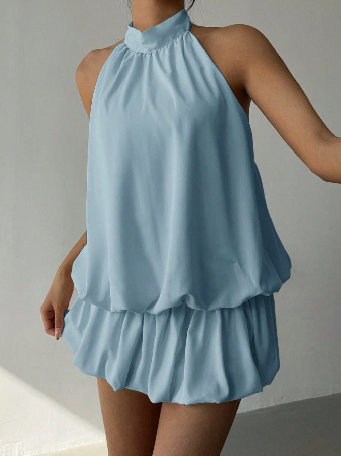 Damen sommerliches Minikleid mit haltem Kragen und asymmetrischem Design EB