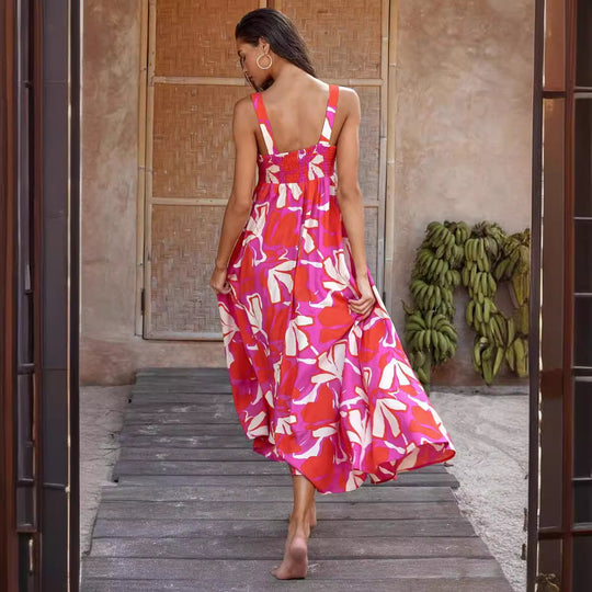 Damen Maxikleid mit lebhaftem floralem Design und schwingendem Rock EB