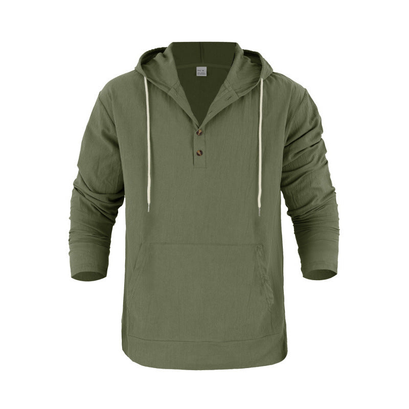 Herren nan Leinenoptik Henley-Kapuzenpullover mit Knopfleiste und Kängurutasche EB