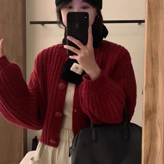 Damen Grobstrickcardigan mit voluminösen Ärmeln und großen Knöpfen EB