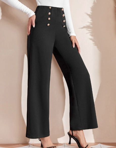 Damen nan hohe Taillenhose mit weitem Bein, maritim inspirierten Zierknöpfen EB