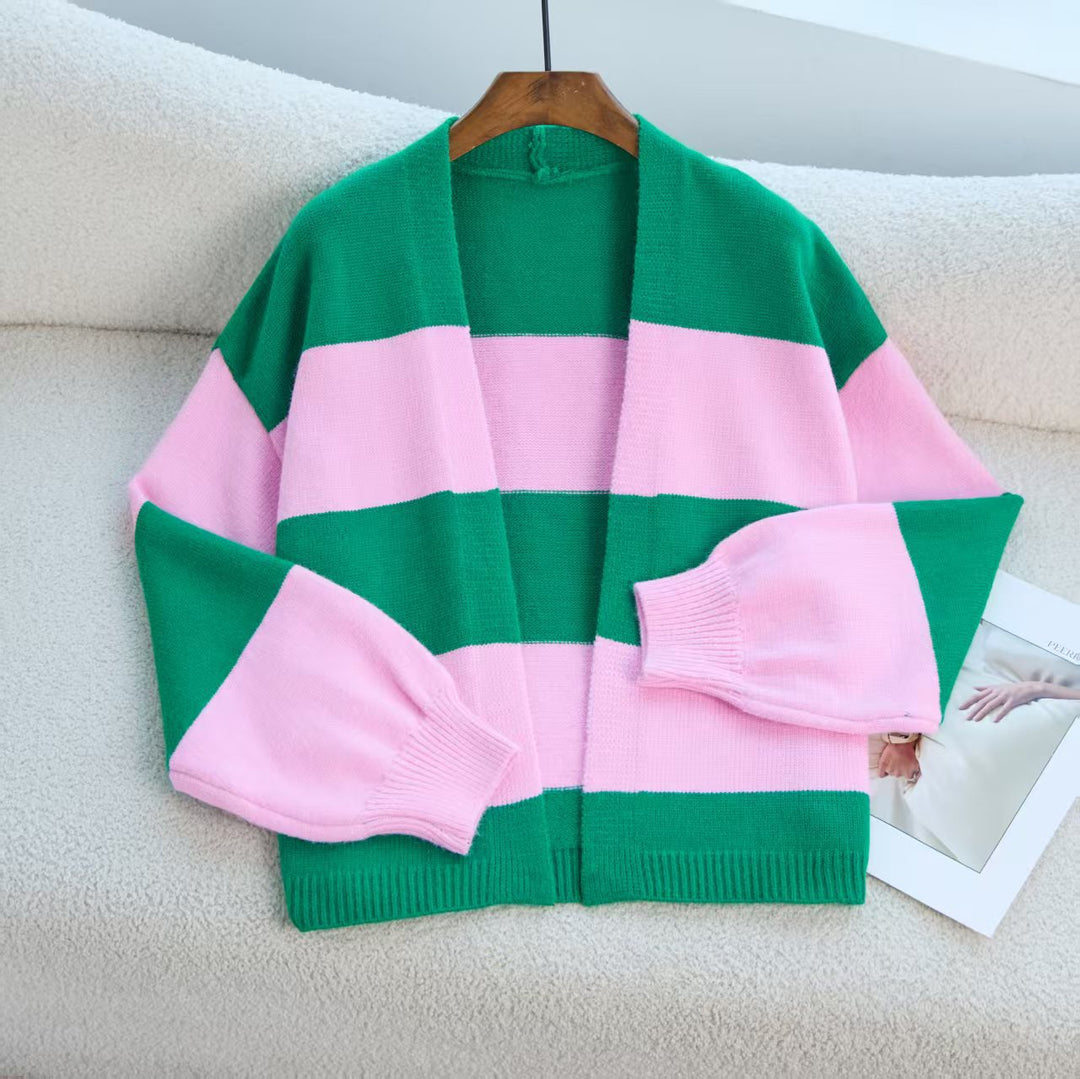 Damen Modischer Strickcardigan mit breiten Streifen und lässigem Schnitt EB