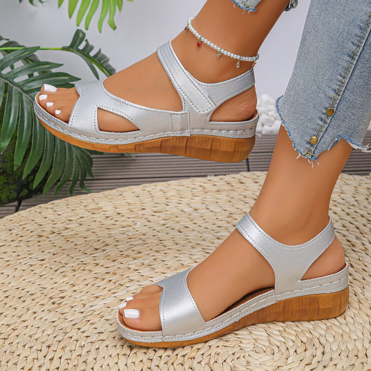 Damen elegante Wedge-Sandalen mit komfortablem Riemendesign und natürlicher Holzsohle EB