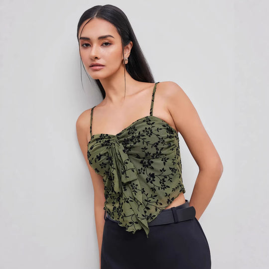 Damen Spitzentop mit floralen Akzenten und asymmetrischem Schnitt EB