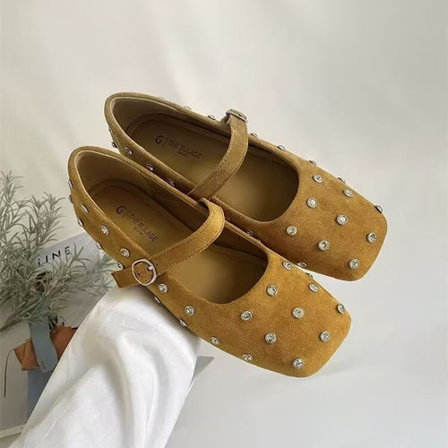 Damen elegante Ballerinas mit modischem Riemchen und glänzenden Strass-Applikationen EB