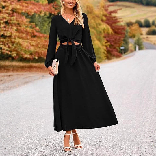 Damen Binde-Kleid mit langen Ärmeln und Rundhalsausschnitt EB