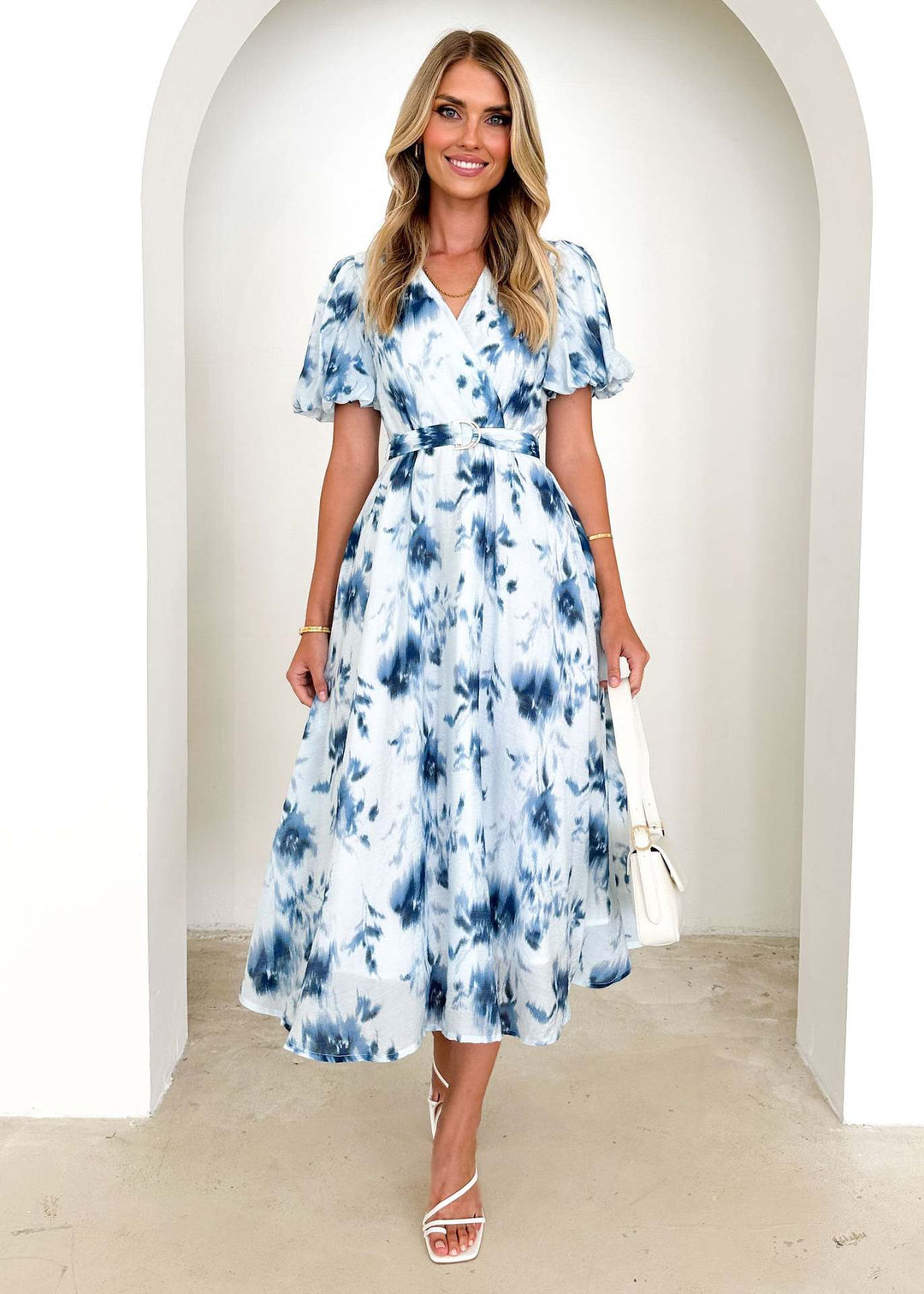 Damen Maxi-Kleid im lässigen Wickelstil mit voluminösen Ärmeln und Taillengürtel EB