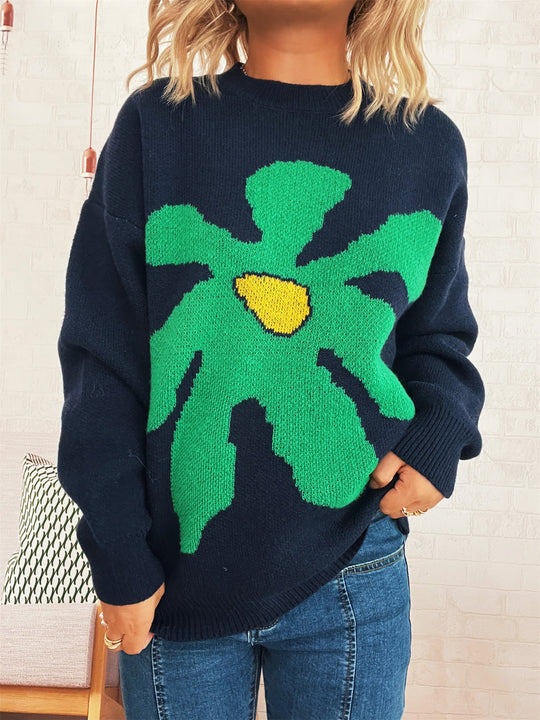 Damen verspielter Strickpullover mit floraler Applikation EB