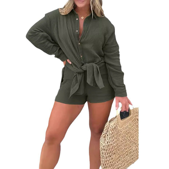 Damen lässiges Krepp-Blusenshirt und Shorts-Set mit taillierbarem Gürtel EB