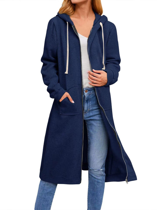 Damen lange Kapuzenjacke mit Reißverschluss und praktischen Taschen EB