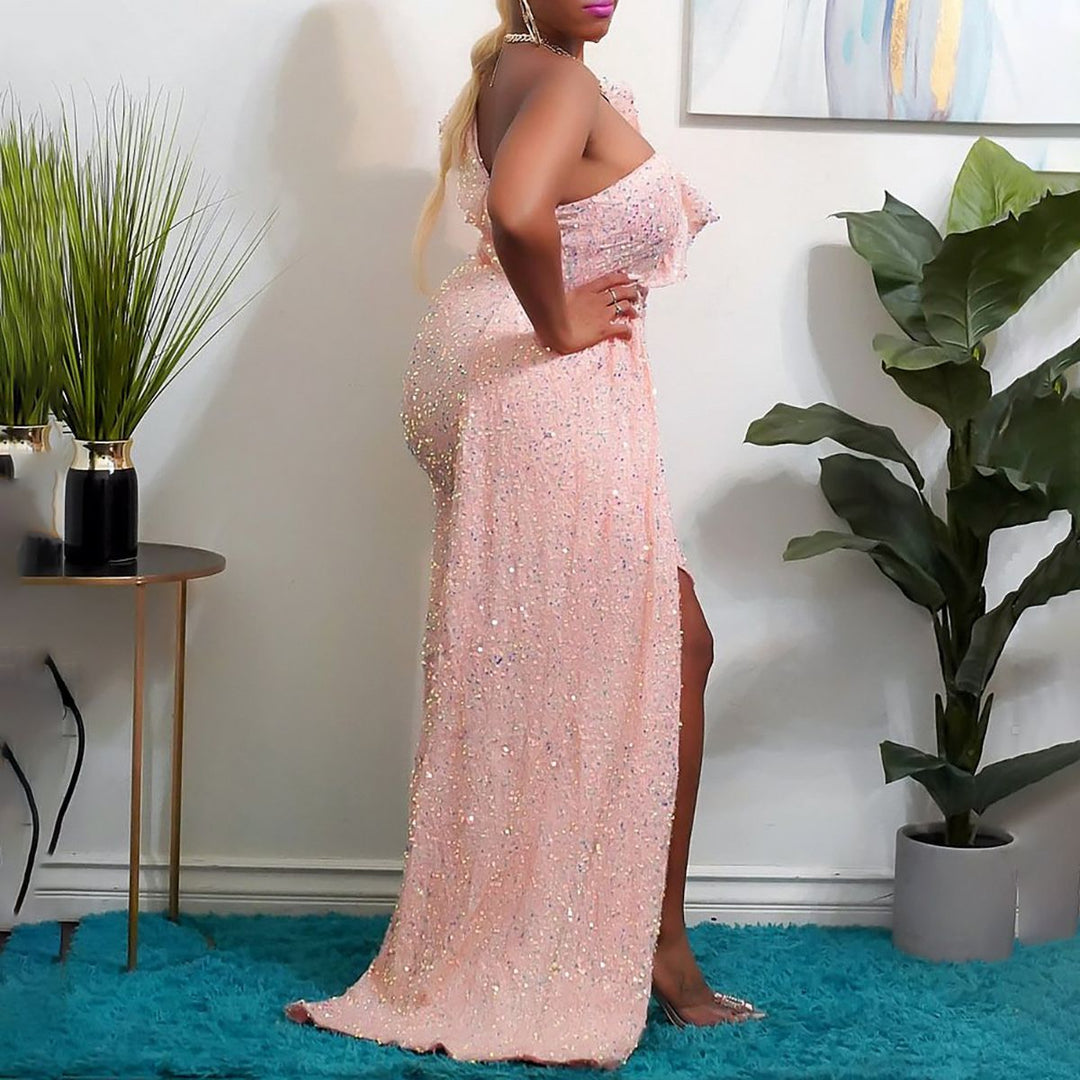 Damen Funkelndes Abendkleid mit asymmetrischem Design und fließendem Rock EB