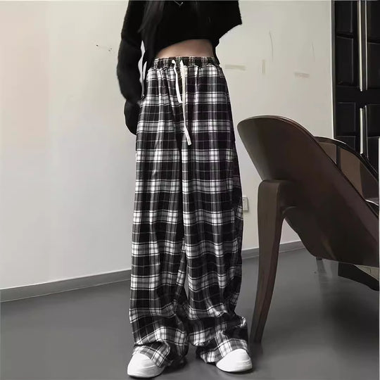 Damen weite Karohose mit Gummizug und anpassbarem Kordelzug EB