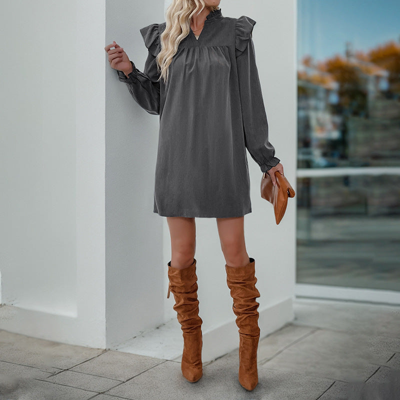Damen lässiges Kleid mit Rüschendetails und langem Arm EB