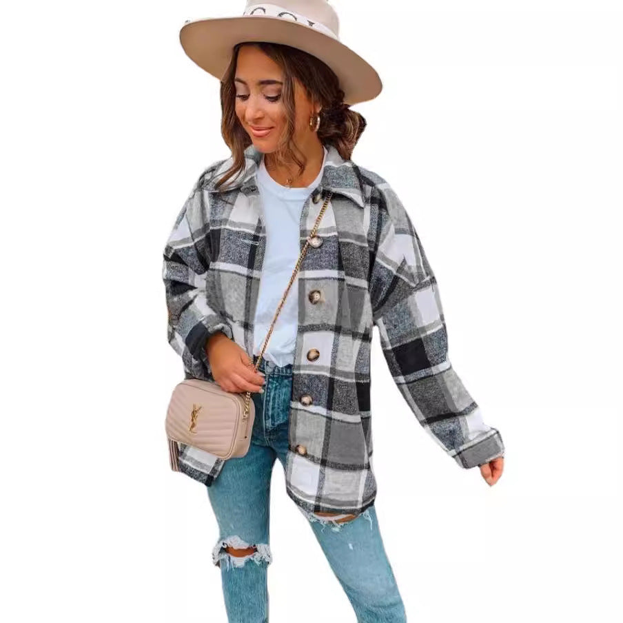 Damen lässige karierte Flanelljacke mit Knopfdetails EB