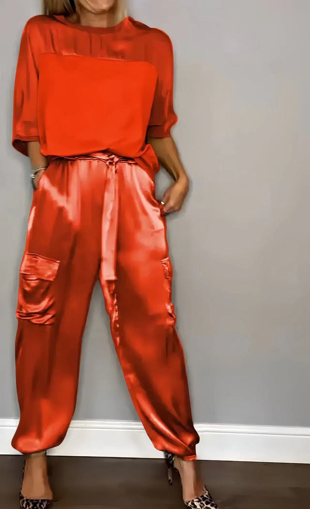 EB | Solide Farbe glatt Satin Top zweiteilige Set für Frauen