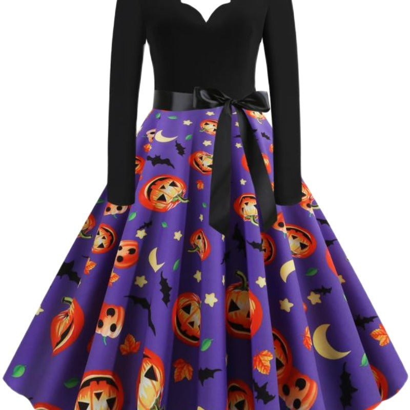 Damen Vintage Swingkleid mit Halloween-Kürbisprint und tailliertem Satinschärpenbund EB