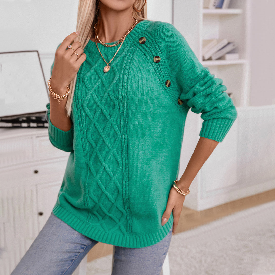 Damen Strickpullover mit dekorativem Zopfmuster und Knopfdetails EB