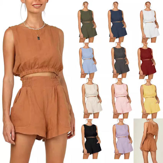 Damen lässiges Set aus topmodernem Oberteil und hohen Shorts EB