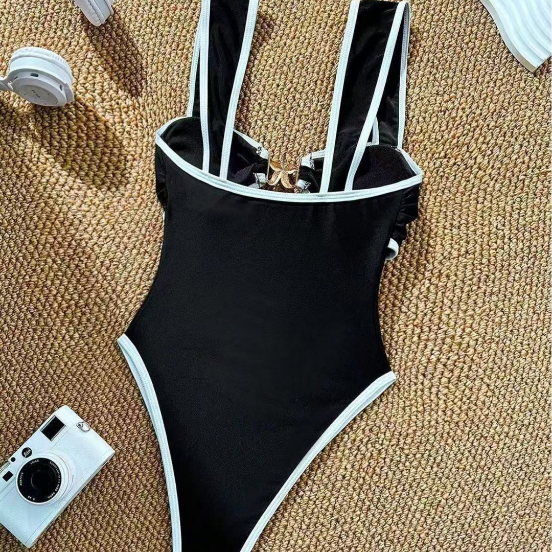 Damen Einteiler Badeanzug mit modischem Bustier und verstellbaren Trägern EB
