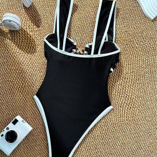 Damen Einteiler Badeanzug mit modischem Bustier und verstellbaren Trägern EB
