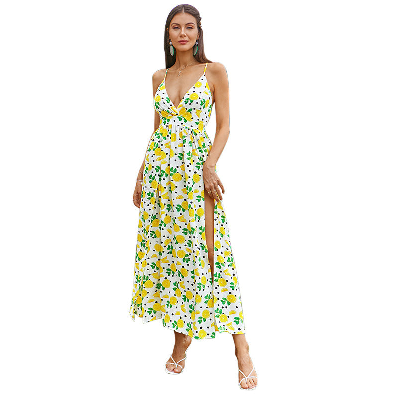 Damen Maxikleid mit tiefem V-Ausschnitt und hohem Beinschlitz EB