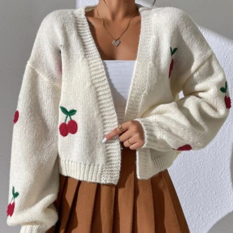 Damen Strickjacke mit floralem Kirschmotiv EB