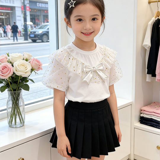 Mädchen T-Shirt mit Rüschendetails und transparenten Puffärmeln EB