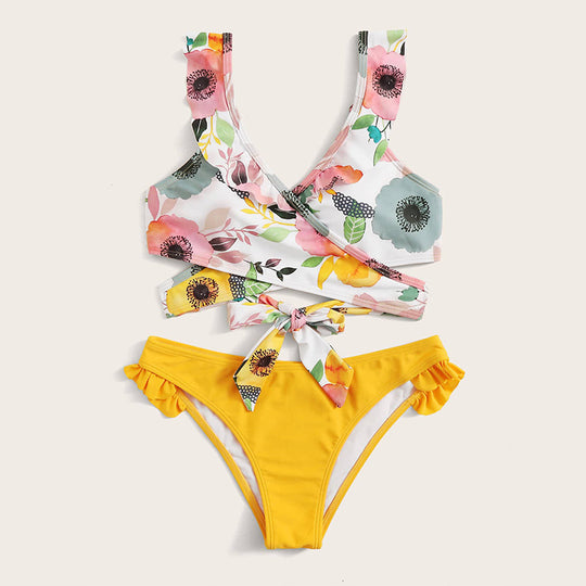 Damen Zweiteiliges Blumen-Bikini-Set mit tailliertem Oberteil und Rüschenslip EB