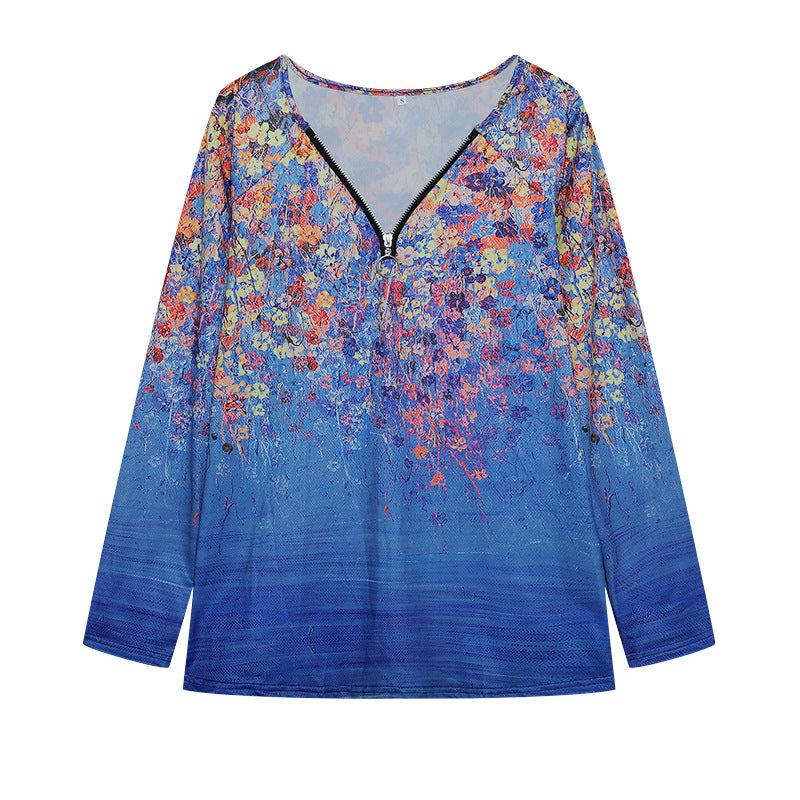 Damen Langarmshirt mit farbenfrohem Blütenmuster und modernem Zipper EB
