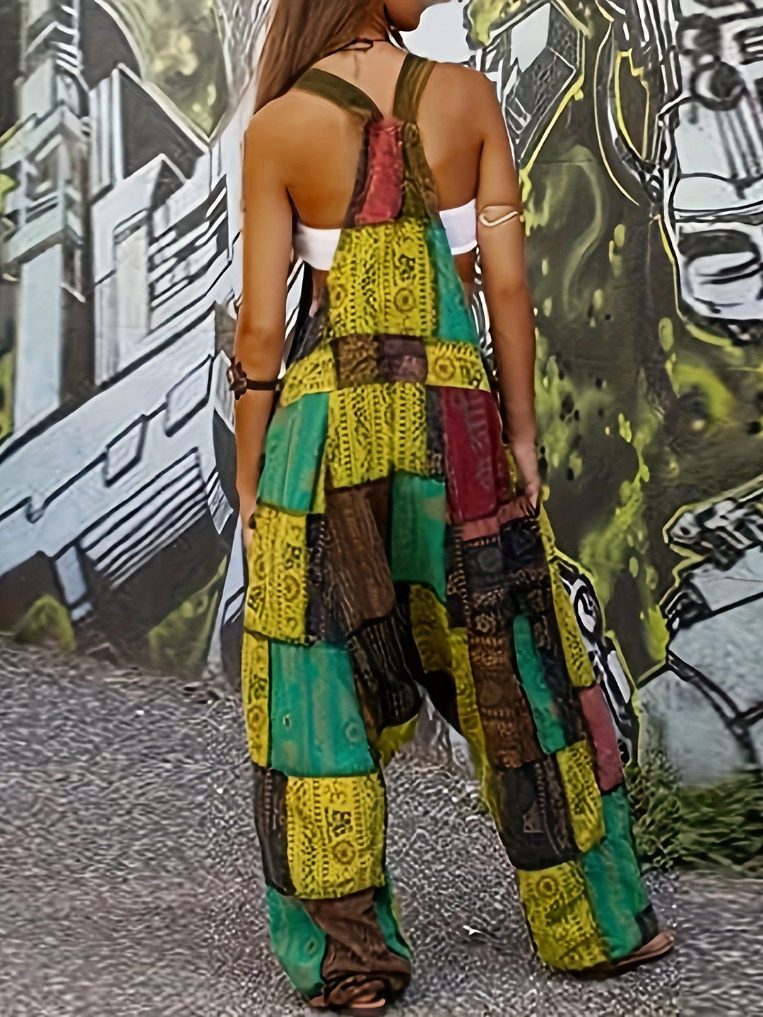 Damen Lässiger Jumpsuit mit buntem Patchwork-Muster EB