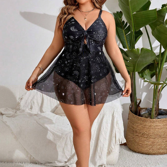 Damen Strandkleid mit raffinierten Sternenmuster und eingearbeitetem Unterrock EB