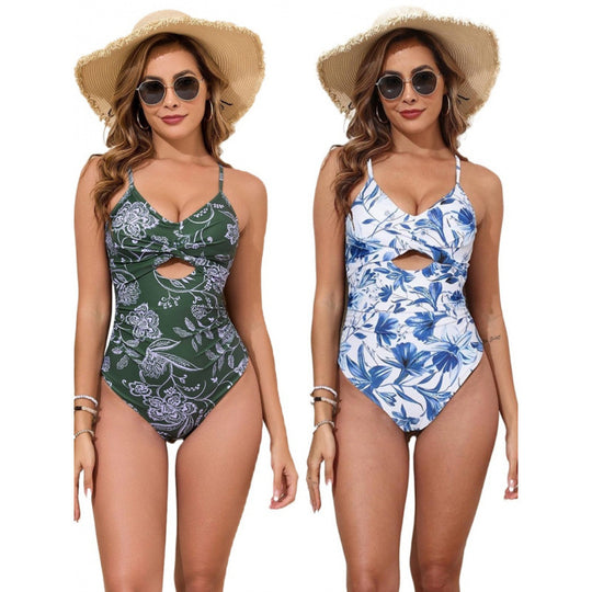 Damen Einteiler Badeanzug mit modischem floralen Design und hoch geschnittenem Ausschnitt EB
