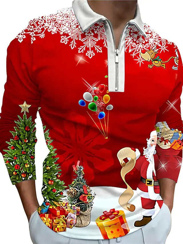 Herren Weihnachtliches Langarmshirt mit festlichem Grafikdesign und praktischem Reißverschluss EB