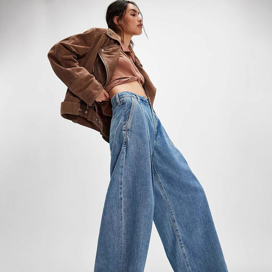 Damen nan hochgeschnittene Denim-Palazzohose mit markanten Bundfalten und extra weitem Bein EB
