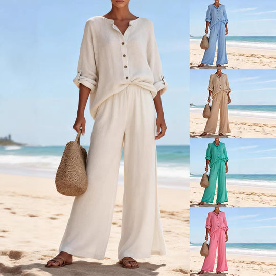 Damen Luftige Leinenbluse und weite Hose EB