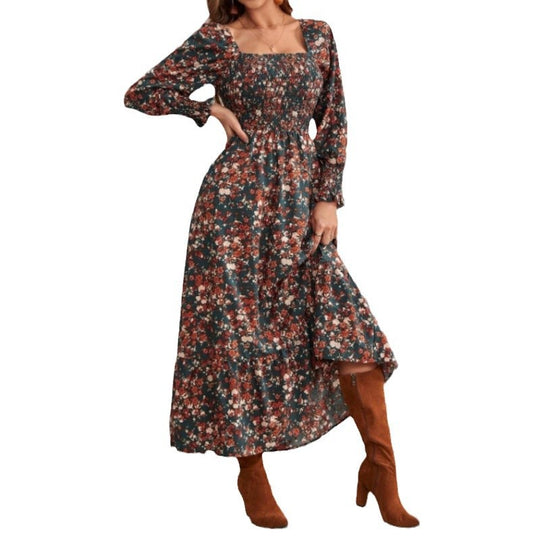 Damen Maxikleid mit Rüschendetails und floralem Design EB