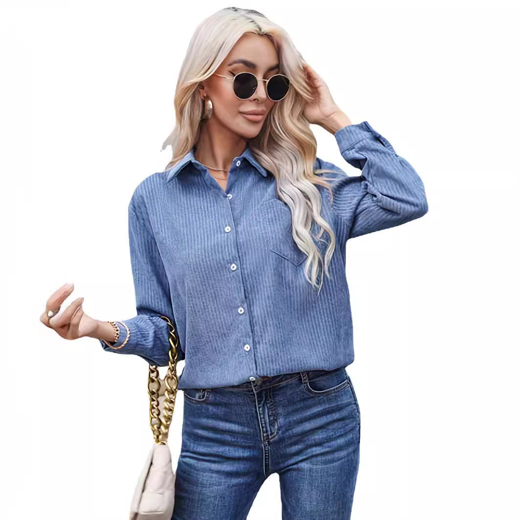 Damen Langarm-Hemdbluse aus Cordstruktur mit Brusttasche EB