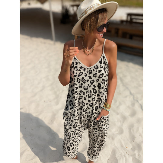 Damen lässiger Jumpsuit mit modischem Leopardenmuster und praktischen Taschen EB