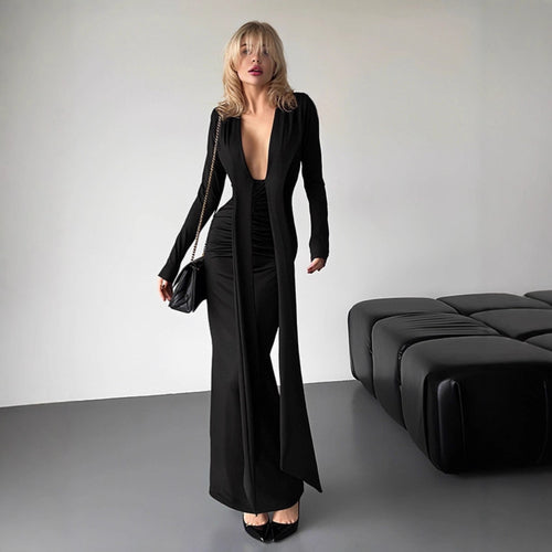 Damen Elegantes Maxikleid mit tiefem V-Ausschnitt und seitlichem Schlitz EB