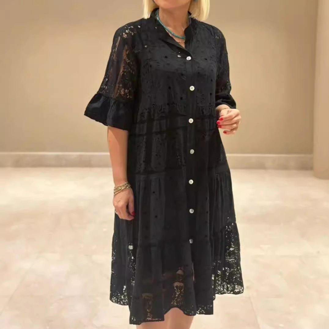 Damen nan romantisches Midikleid mit Broderie-Anglaise, durchgeknöpftem Oberteil, Stehkragen, halblangen Volantärmeln und stufigem Saum EB