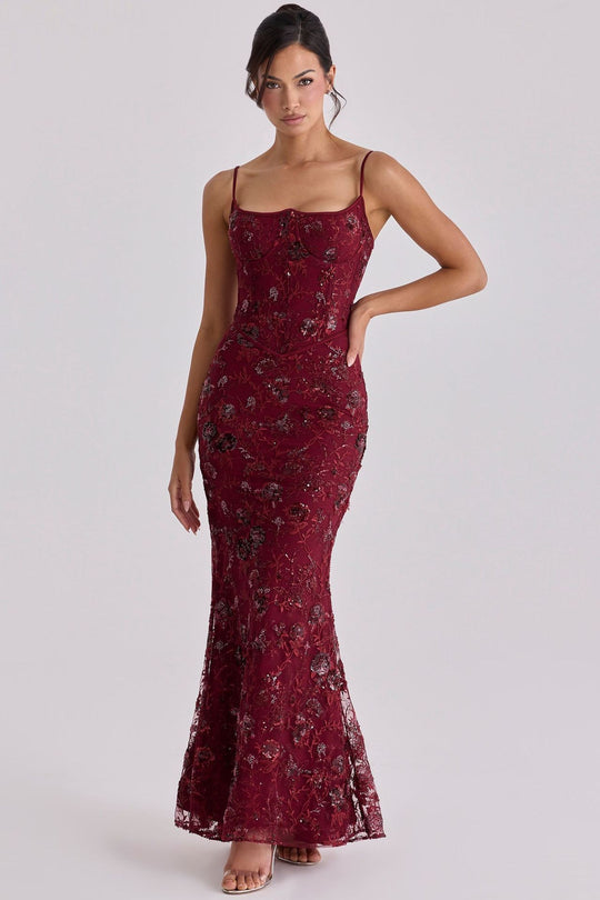 Damen nan besticktes Corsagenabendkleid mit transparenter Spitze und figurbetonter Silhouette EB