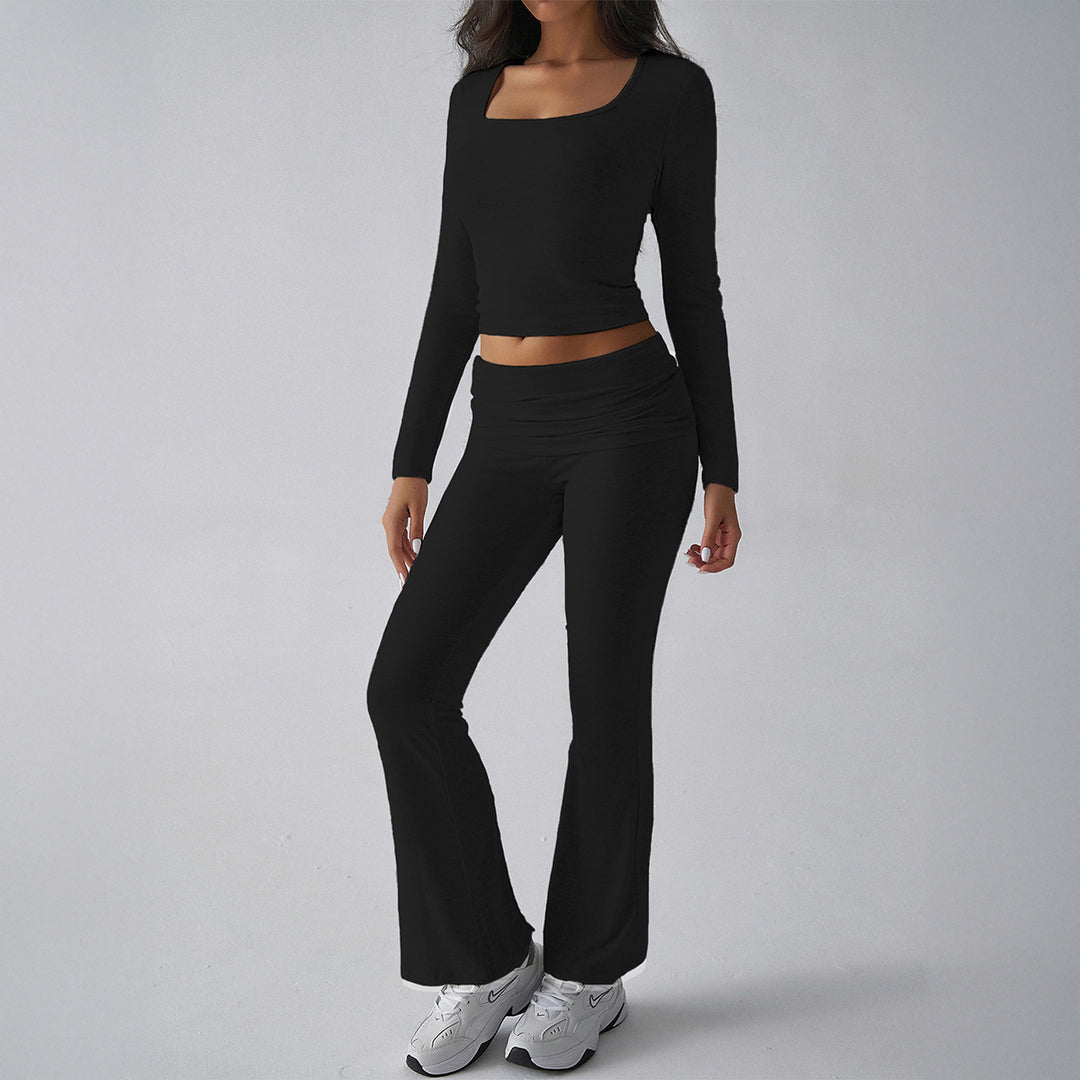Damen nan figurbetontes Cropped-Set mit langärmeligem Top mit quadratischem Ausschnitt und ausgestellter High‑Waist Yoga-Hose EB