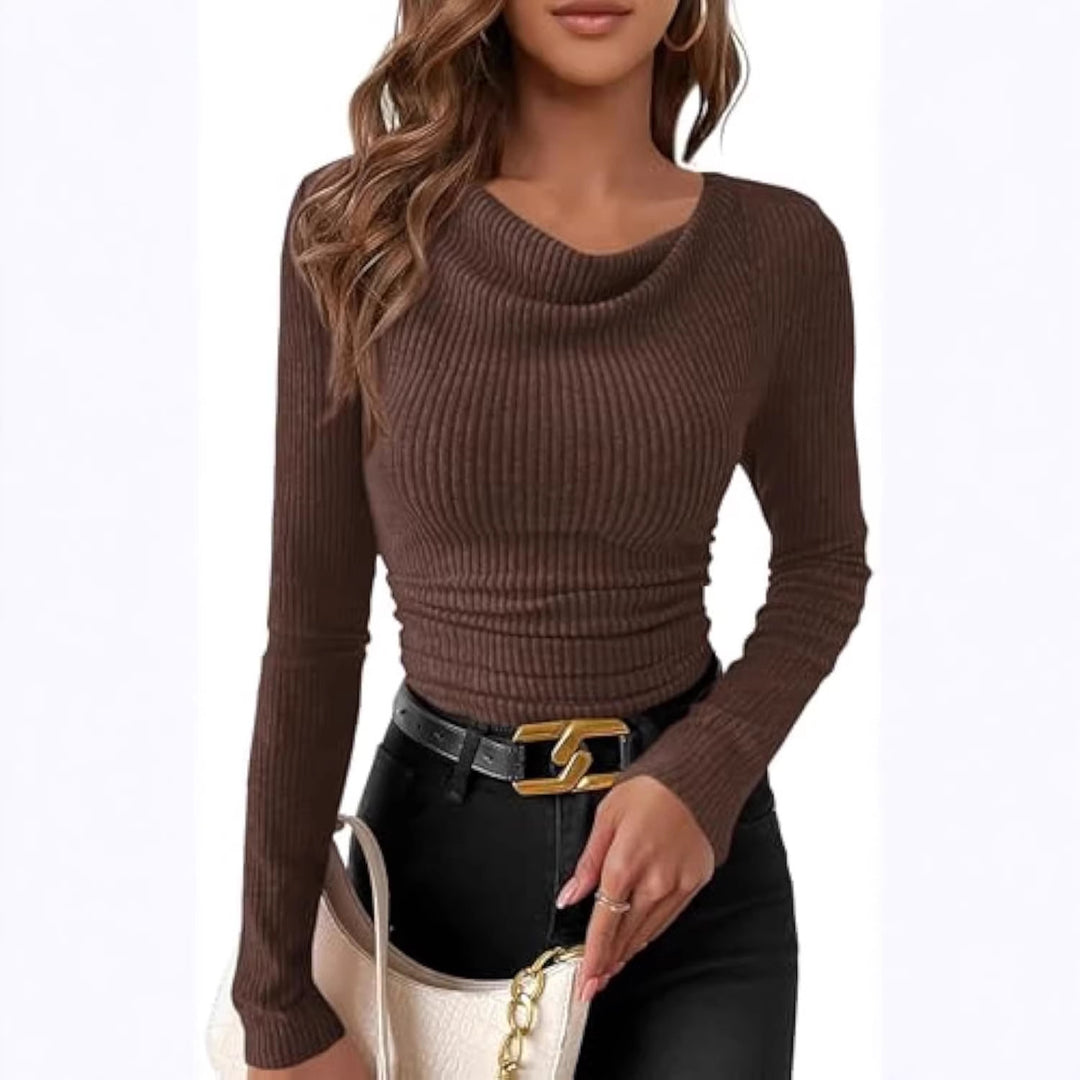 Damen Figurbetontes Feinripp-Longsleeve mit asymmetrischem Wasserfallkragen EB