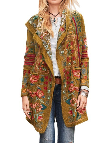Damen kunstvoll bestickte Strickjacke mit Kapuze und Taschen EB