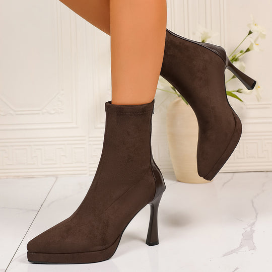 Damen Elegante High-Heels Stiefeletten mit chicem Reißverschluss und schmalem Blockabsatz EB