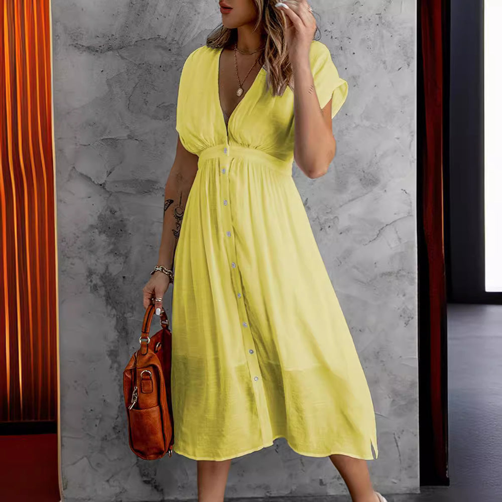 Damen luftiges lässiges Hemdkleid mit Knopfdetails und fließendem Schnitt EB
