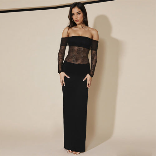 Damen schulterfreies Abendkleid mit Spitzenärmeln und langer Silhouette EB