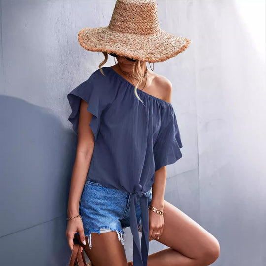 Damen luftiges Blusenshirt mit verspieltem Knoten und voluminösen Ärmeln EB