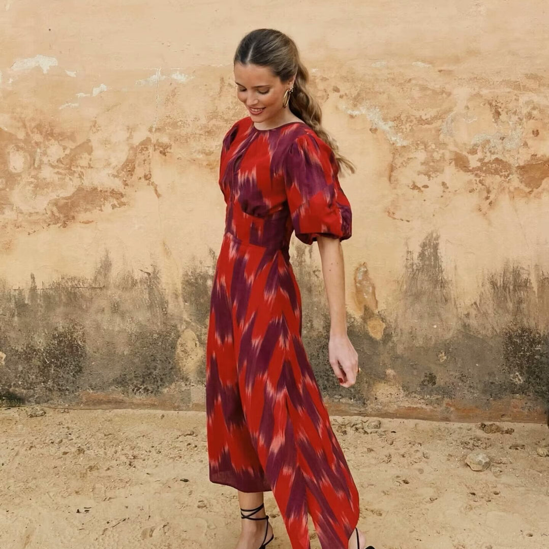 Damen Maxikleid mit eleganter Raffung und modernen Puffärmeln EB